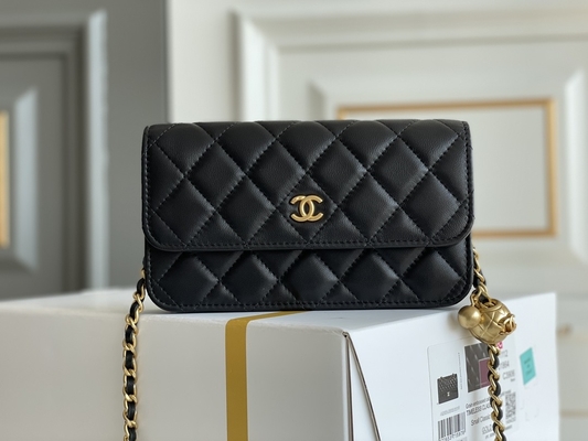 Czarna Kopertówka Mini Coco Chanel WOC Portfel Na Łańcuszku CF20