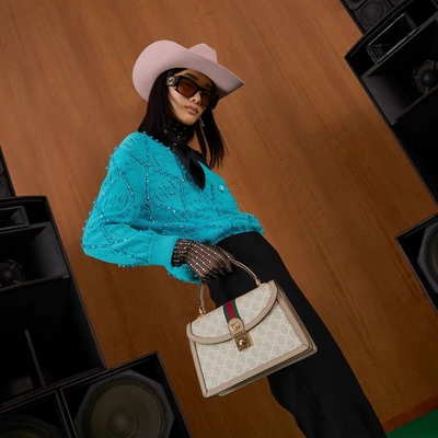 Damska Mała Torba Na Ramię GG Gucci Ophidia Beżowo-biała Supreme Canvas