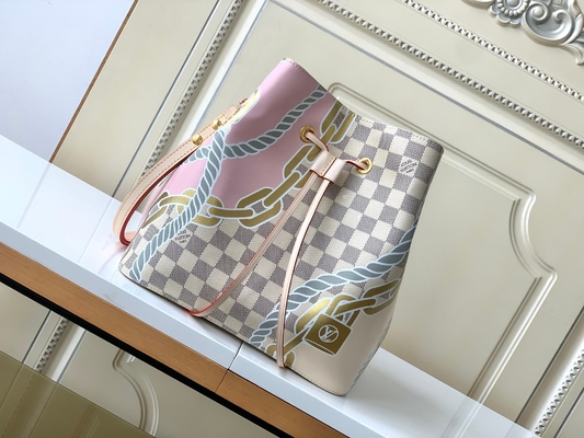 Biało-różowa płócienna torba kurierska Damier Azur LV z logo NéONoé MM Bucket Bag