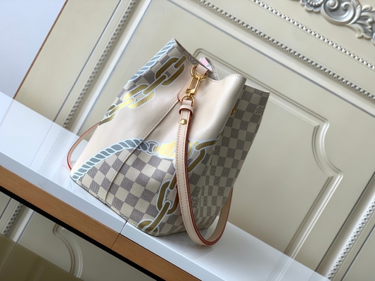 Biało-różowa płócienna torba kurierska Damier Azur LV z logo NéONoé MM Bucket Bag