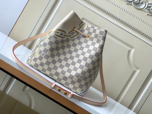 Biało-różowa płócienna torba kurierska Damier Azur LV z logo NéONoé MM Bucket Bag