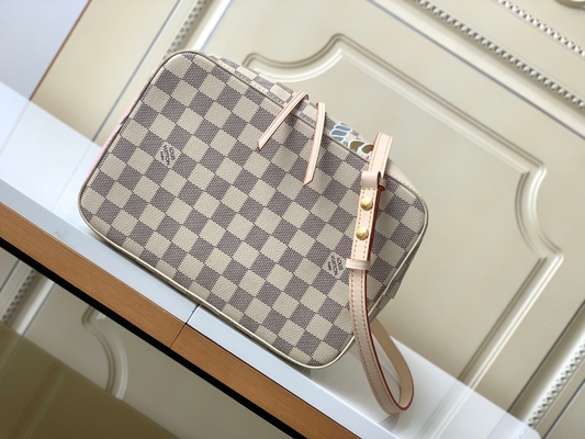 Biało-różowa płócienna torba kurierska Damier Azur LV z logo NéONoé MM Bucket Bag