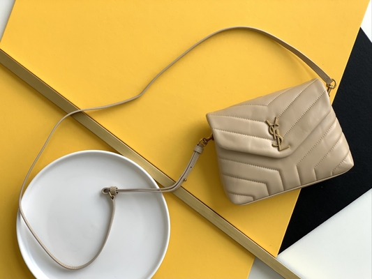 Damska torba na ramię YSL Saint Laurent Cassandra z płótna bawełnianego i karmelowej brązowej skóry cielęcej