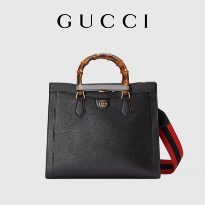 Czarna skórzana średniej wielkości torba Princess Diana Gucci Tote Bambusowy uchwyt