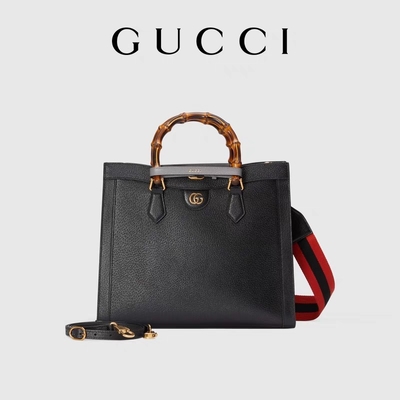 Czarna skórzana średniej wielkości torba Princess Diana Gucci Tote Bambusowy uchwyt