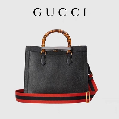 Czarna skórzana średniej wielkości torba Princess Diana Gucci Tote Bambusowy uchwyt