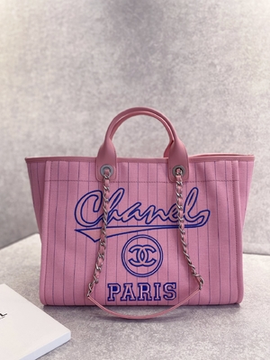 Torba materiałowa Chanel Deauville 30 cm 23 P Biała ecru w czarne paski