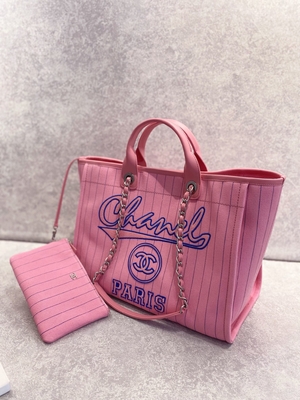 Torba materiałowa Chanel Deauville 30 cm 23 P Biała ecru w czarne paski